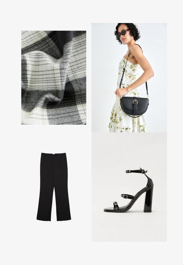 Tkanina s černobílošedým kostkovaným vzorem, s různými texturami a drapériemi, která ukazuje jemné vlákna a hladké povrchy.; Černé kalhoty s rovným střihem, s předními kapsami a bočními rozparky na lemu. Vyrobené z jemné, hladké tkaniny. Vhodné na různé příležitosti.; Černé lakované sandály na vysokém podpatku se dvěma pásky se sponami, čtvercovou špičkou a robustním blokovým podpatkem, s hladkou, lesklou texturou.; Černá kožená kabelka s křivkovým tvarem, odnímatelným popruhem a zlatými detaily. Kabelka má klopu s přezkou.