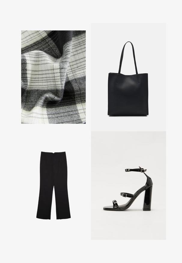 Vævet stof med et sort, hvidt og gråt ternet mønster, der har varierede teksturer og drapering, som fremviser bløde fibre og glatte overflader.; Sorte bukser med lige pasform, der har frontlommer og slidser i kanten. Lavet af blødt, glat stof. Velegnet til forskellige anledninger.; Sorte patenterede hælsandaler med firkantet tå, ankelremme og sølvspænder. Har en chunky blokHæl for stabilitet.; Sort læder tote taske med glat tekstur, rektangulær form og to lange hanke. Ingen synlig hardware eller udsmykninger.