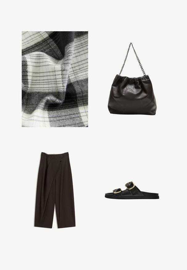 Kudotun kangas musta, valkoinen ja harmaa ruutumalli, jossa on erilaisia tekstejä ja valumia, esittelee pehmeitä kuituja ja tasaisia pintoja.; Tummanruskeat leveälahkeiset housut, joissa on korkea vyötärö, yhden napin sulkea ja pleatattu etuosa. Valmistettu kevyestä kankaasta.; Musta liukusandaali, jossa on kaksi kultaisesta solkesta tehtyä korostusta, sileäpintainen materiaali, litteä pohja ja minimalistinen muotoilu.; Ruskea nahkainen laukku, jossa on kerätty yläosa ja ketjuhihna. Tasainen pinta, jossa kiiltävä viimeistely ja hienovaraiset sauman yksityiskohdat sivuilla.