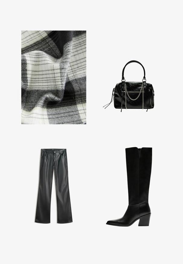 Gewebe mit einem schwarz-weißen und grauen Karomuster, das verschiedene Texturen und Drapierungen aufweist und weiche Fasern sowie glatte Oberflächen zeigt.; Schwarze Kunstleder-Hose mit weitem Bein, glatter Textur, Fünf-Taschen-Design, Frontreißverschluss und kontrastierenden Nähten.; Schwarze kniehohe Stiefel aus glattem Leder, mit spitzem Schuhbund, einem Blockabsatz und einem V-förmigen Ausschnitt an der Oberseite.; Bershka WITH CHAIN - Handtasche - black