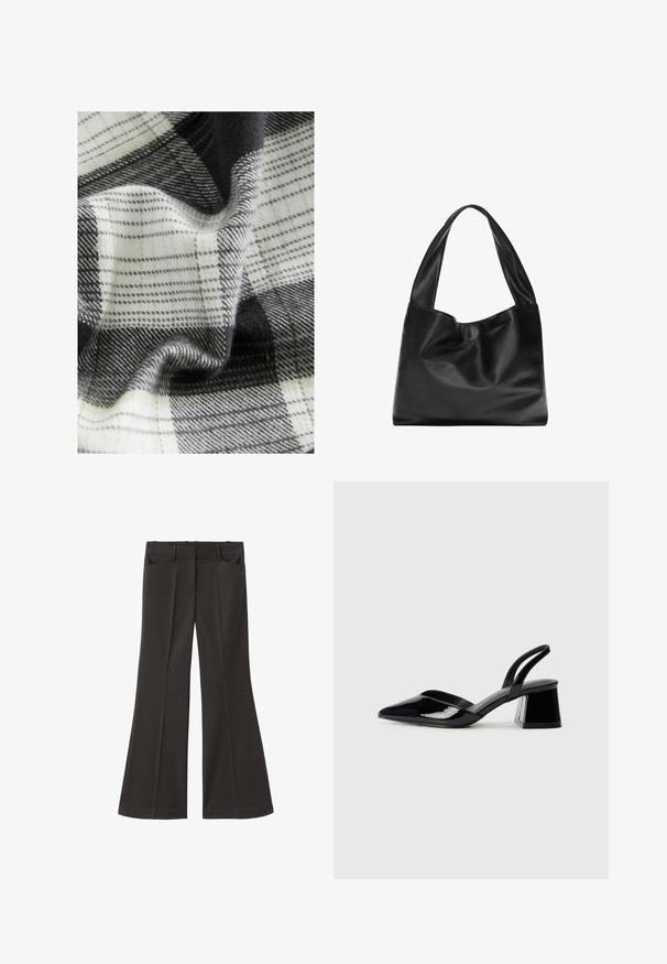 Vævet stof med et sort, hvidt og gråt ternet mønster, der har varierede teksturer og drapering, som fremviser bløde fibre og glatte overflader.; Sorte flagrende bukser med høj talje; har to forlommer og en glat stofstruktur. Egnet til forskellige anledninger.; Sorte patentlæder slingback hæle med spids tå og en geometrisk blok hæl. Har et elegant, minimalistisk design og en glat tekstur.; Sort læder tote bag med et blødt, slattent design, brede håndtag og en glat tekstur. Ingen synlig hardware eller udsmykninger.