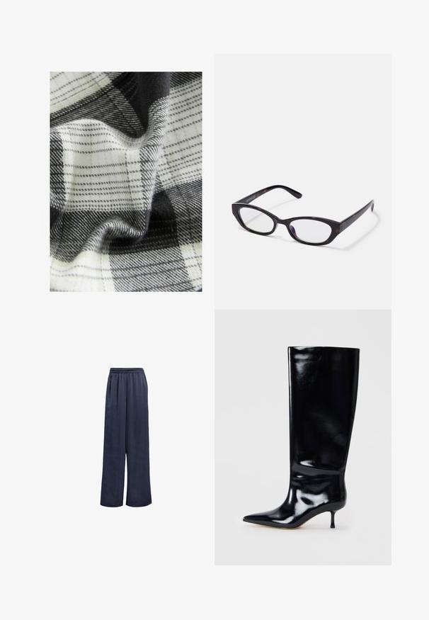 Tkana tkanina s črnimi, belimi in sivimi karirami, ki se ponaša z raznolikimi teksturami in padajočimi oblikami, ter prikazuje mehke vlaknine in gladke površine.; Modre široke hlače iz gladkega blaga z elastičnim pasom in brez vidne opreme. Imajo sproščen kroj in polno dolžino.; Črne usnjene škornje do kolen z sijajno površino, koničastim nosom in vitkim petam. Gladka tekstura z minimalnimi oblikovalskimi podrobnostmi.; Mačje oči očala z visokim sijajem temno tarantulastim plastičnim okvirjem, ki vključuje ukrivljene ročice in prozorne leče. Minimalno blagovno znamčenje na strani.