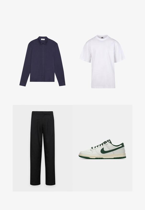 Cămașă bleu cu mâneci lungi, confecționată dintr-un material neted, având un guler ascuțit și un croi ușor relaxat.; Tricou alb din bumbac, cu guler rotund, mâneci scurte și croială lejeră. Dispune de un design simplu, fără modele sau accente.; Pantaloni negri dintr-un material neted, cu un design drept, două pliuri frontale și un tiv standard cu bucle pentru curea.; Adidași albi cu vârf jos, având swoosh-ul Nike în verde închis, șireturile și accentele tălpii, prezentați în profil pe un fundal alb simplu.