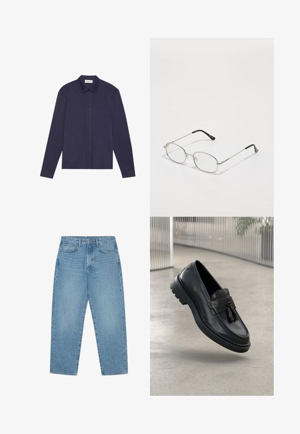 Marineblaues Langarmhemd aus glattem Stoff, mit Knopfverschluss vorne, spitzen Kragen und leicht lockerer Passform.; Hellblaue Jeans aus Denim mit geradem Bein, Fünf-Taschen-Design und leicht verwaschener Textur. Mit Knopf- und Reißverschluss ausgestattet.; Schwarze Leder-Loafer mit glatter Oberfläche, dekorativem Quasten, dicker Gummisohle und abgesteppten Akzenten. Leichtes und schlankes Design.; Metallbrille mit ovalem Rahmen, silbernen Fassungen und klaren Gläsern. Schmale, gerade Bügel mit schwarzen Enden, minimalistisches Design.