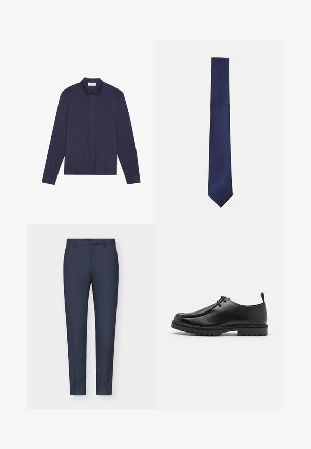 Mornarica s dugim rukavima, izrađena od glatkog materijala, s gumbima sprijeda, šiljastim ovratnikom i nešto opuštenim krojem.; Mornarskoplave krojene hlače s glatkom teksturom, uskog kroja, središnjim pregibom i petljama za remen. Tkanina ima suptilan u woven uzorak.; Crne kožne cipele s vezanjem, s robusnom potplatom i petnom trakom, prikazane sa strane na bijeloj pozadini.; Mornarska kravata s teksturiranim dijagonalnim prugastim uzorkom. Dizajn je uzak s šiljastim vrhom, izrađen od glatkog, tkanog materijala.