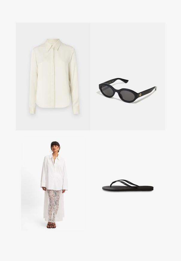 Tiger of Sweden CELSA - Overhemdblouse - ivory white; Witte overhemd met lange mouwen, gecombineerd met doorschijnende witte kanten broeken met een bloemenpatroon en een lange achterkant. Zwarte sandalen.; Zwarte flip-flop met een gestructureerde rubberen zool, twee slanke banden en een subtiele, ingedrukte logo-detail op de band.; Zwarte ovale zonnebril met donkere glazen en een glanzend kunststof frame. Heeft een gouden logo op de poot, dat een strakke en moderne uitstraling biedt.; Zwarte gewatteerde leren handtas met een zilveren kettinghengsel, met een gestructureerd ontwerp en een gladde textuur.