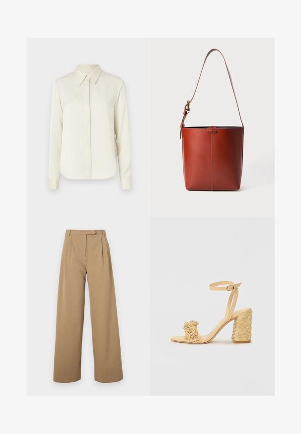 Tiger of Sweden CELSA - Overhemdblouse - ivory white; Wijdvallende broek in lichtbruin, gemaakt van gestructureerde stof. Voorzien van voorplooien en een getailleerde tailleband. Eenvoudig ontwerp zonder zichtbare hardware.; Beige hoge hak sandaal met een gevlochten textuur, voorzien van een decoratieve bloem en enkelbandje. Vierkante hak zorgt voor stabiliteit.; Bruine lederen emmerzak met verstelbare schouderband en gouden gesp, eenvoudige verticale naaddetails aan de voorkant.