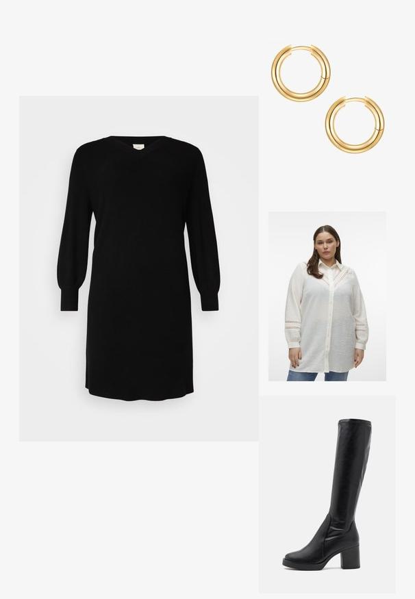 Camicia bianca button-up in tessuto leggero e testurizzato, con dettagli intagliati intricati su spalle e maniche, e una vestibilità rilassata.; Abito nero lavorato a maglia con scollo a V, maniche lunghe a palloncino e polsini a coste. Design semplice con taglio dritto e lunghezza al ginocchio.; Stivali neri al ginocchio realizzati in pelle liscia, con tacco spesso e punta rotonda. Presentano un design senza cuciture e sottili accenti di cucitura.; Orecchini a cerchio in oro con un design a doppio strato. Superficie liscia e lucida con un meccanismo di chiusura senza soluzione di continuità. Forma rotonda con un aspetto moderno.