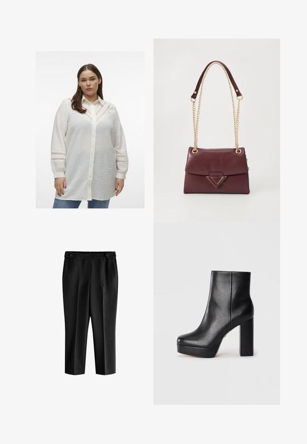 Weißes Hemd mit Knöpfen aus leichtem Textilmaterial, das intricate Ausschnittdetails an den Schultern und Ärmeln aufweist und einen lockeren Schnitt hat.; Schwarze, cropped Stoffhosen mit einer lockeren Passform, elastischem Bund und zwei Vordertaschen. Der Stoff hat eine glatte Textur mit einem leicht glänzenden Finish.; Schwarze Leder-Plateau-Stiefelette mit quadrater Spitze und dickem, hohem Blockabsatz, seitlich auf einem weißen Hintergrund dargestellt.; Burgunderfarbene Lederhandtasche mit einem umschlagbaren Klappdeckel, ausgestattet mit einem goldenen Kettenriemen und einem dreieckigen Metallelement auf der Vorderseite. Glatte Textur.