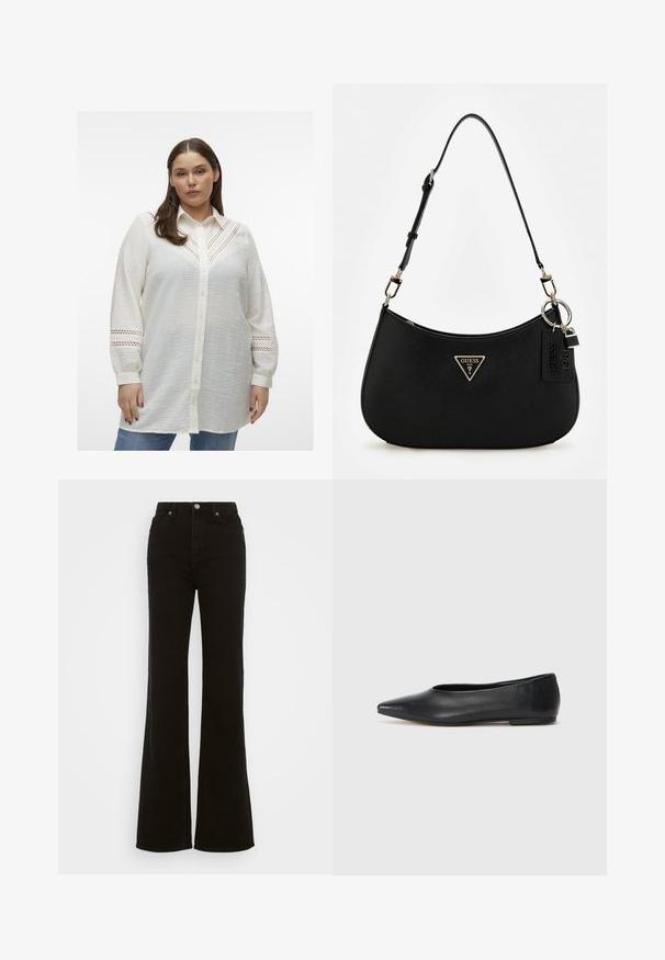 Bílá košile s dlouhým rukávem vyrobená z lehké texturované tkaniny, s propracovanými výřezy na ramenou a rukávech, s uvolněným střihem.; Černé riflové džíny se zvýšeným pasem a rozšířenými nohavicemi, vyrobené z denimu, s knoflíkovým zapínáním, bočními kapsami a hladkým povrchem.; Černé kožené baleríny, špičatá špička, minimalistický design, hladký povrch, nízký podpatek, žádné viditelné kovové prvky nebo ozdoby.; Černá syntetická taška přes rameno s zakřivenou siluetou, strukturovaným povrchem, zlatým trojúhelníkovým logem a odnímatelnými kovovými akcenty.