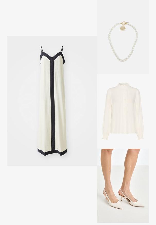 Vit blus av glatt tyg, med en rynkad hög krage, knappstängning fram och långa ärmar med samlade manschetter.; Ärmlös maxiklänning i krämfärg med djup V-ringning och svarta kanter längs kanterna och fram. Tillverkad av lättviktig tyg.; Beige lackläder slingbackklackar med spetsig tå och 5 cm klack, med utskurna sidor och ett tunt ankelband.; Vit blommig handväska med en rynkad tygöverflata, guldfärgad kedjeslips och metallspänne. Har strukturerade blad för extra detalj.; Lauren Ralph Lauren COLLAR - Halsband - gold-coloured/white