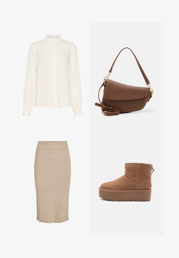 Hvid bluse lavet af glat stof, har en bølget høj hals, knaplukning foran og lange ærmer med samlede manchetter.; Strik nederdel i en lys beige farve med lodret ribbestruktur, knælang med elastisk talje og lige skæring.; Tan ruskinds ankelstøvle med platformssål, rund tå og syninger; har en løkke bagpå for nem påtagning.; Brun læder skuldertaske med en tekstureret overflade, buet form, guldfarvet hardware, justerbar rem og klaplukning.