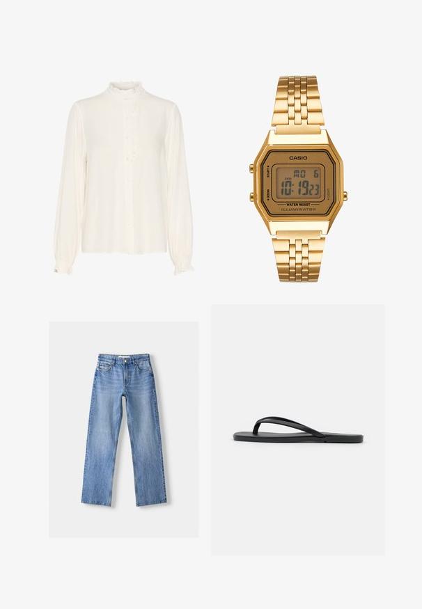 Witte blouse van gladde stof, met een rimpelige hoge hals, knoopsluitingen aan de voorzijde en lange mouwen met gathered manchetten.; Lichtblauwe denim jeans met een rechte pasvorm, voorzien van vijf zakken, een knoopsluiting aan de voorkant en subtiele vervaging voor textuur.; Zwarte flip-flop met een minimalistisch ontwerp, een platte zool, smalle banden en een gladde textuur. Geen extra patronen of accenten.; Gouden digitale klok met een rechthoekige wijzerplaat, LCD-display, roestvrijstalen band en knoppen aan de zijkant. Bevat een waterdicht label.