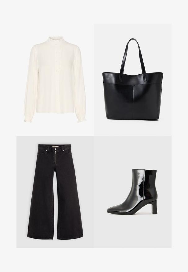 Weiße Bluse aus glattem Stoff, mit einem gerafften hohen Kragen, Knopfleiste und langen Ärmeln mit Bündchen.; Schwarze Denim-Jeans mit weitem Bein, Reißverschluss vorne, Fünf-Taschen-Design und dezenten Stickdetails. Glatte Textur und lässiger Stil.; Schwarzer Lackleder-Stiefelette mit spitzer Zehe und einem mittelhohen Blockabsatz. Glatte Textur und minimalistisches Design.; Schwarze Leder-Shopper-Tasche mit zwei langen Griffen, einer glatten Textur und einer strukturierten Form. Verfügt über eine Vordertasche für zusätzlichen Stauraum.