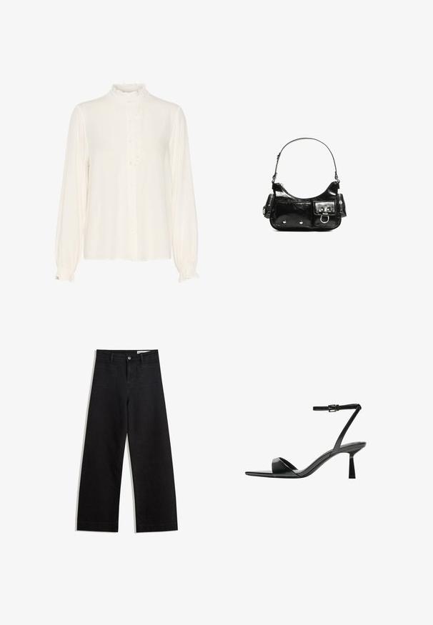White blouse made of smooth fabric, features a ruffled high neck, button front, and long sleeves with gathered cuffs.; Black wide-leg denim pants with a high waist, featuring front and back pockets, stitched seams, and a button closure. Smooth texture.; Bershka High heeled sandals - black; Black patent leather handbag with a curved shape, one shoulder strap, front pockets, and silver-tone hardware accents.