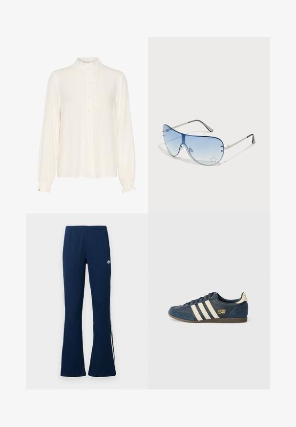 Hvid bluse lavet af glat stof, har en bølget høj hals, knaplukning foran og lange ærmer med samlede manchetter.; Marineblå ribstrikkede flare-træningsbukser med hvide sidelister og et broderet logo på venstre side, med to sidelommer.; Marineblå ruskindsneaker med cremefarvede striber, tekstureret tåområde, gyldent "adidas JAPAN" logo og en brun gummisål. Klassisk low-top design.; Aviator-solbriller med gradient blå linser, sølvmetalramme og dekorative stjerneakcenter på linserne. Glat og strømlinet design.