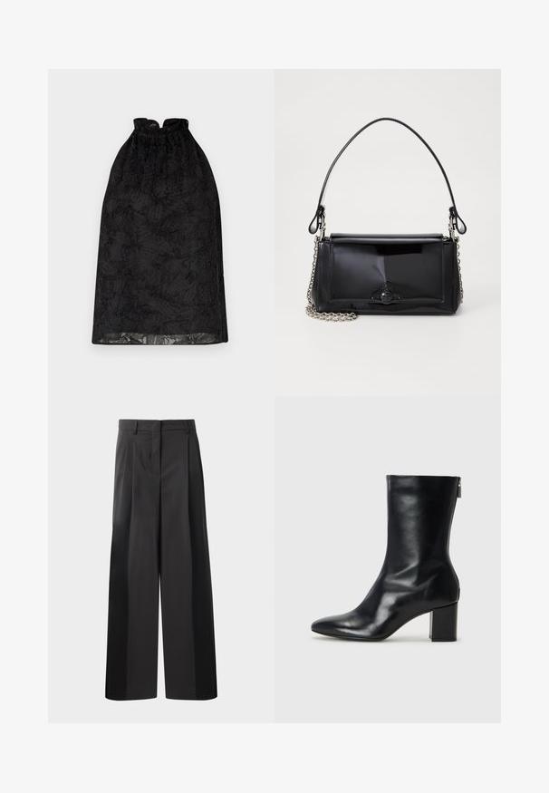 Hofmann Copenhagen ILIANA - Bluza - black; Črne široke hlače z visokim pasom, z oblikovanimi pregibi spredaj, gladko teksturo in natančno dodelavo. Oblikovane za sproščen fit.; Črne usnjene gležnjarje s koničastim nosom in 4 cm širokim peto. Elegantna zasnova vsebuje stranski zadrgo za enostavno obuvanje. Gladka tekstura.; Črna lakirana usnjena torbica pravokotne oblike, s verižnim trakom in značilnim kovinskim detajlom na sredini. Gladka textura.