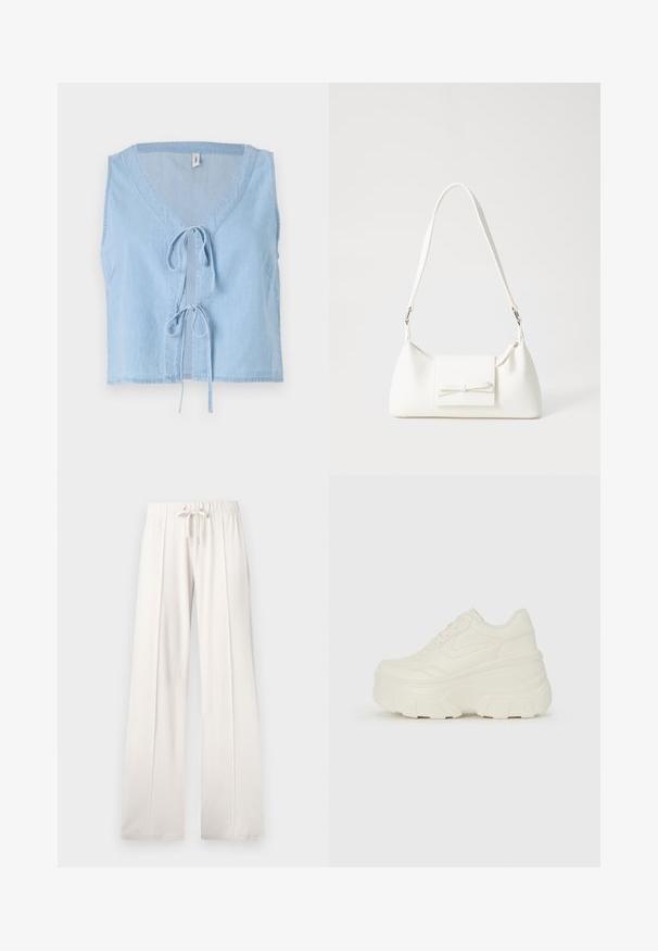 világos kék farmermellény V-nyakkivágással, ujjatlan kialakítással és elöl megkötős zárással. Oldalsó zsebek és rövidített szabás jellemzi.; Világos bézs színű, puha anyagból készült melegítőnadrág, állítható derékkal, széles lábakkal és függőleges varratokkal, sima felülettel.; Fehér platform sportcipők, sima bőrszerű felsőrésszel, kerek formával, párnázott bokával és texturált gumitalppal, jól definiált mintázattal.; Fehér szintetikus kézitáska, háromszög alakú, lapos előlap, masni részlettel, állítható pánttal, sima textúrával és minimalista dizájnnal.