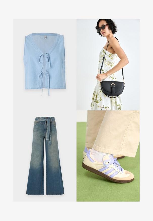 Lys blå denim vest med V-hals, ermeløs design og frontbåndslukking. Har sidelommer og en cropped hem.; Bredde ben jeans med en lyseblå til mørkeblå gradient, høyt liv, beltehemper og et matchende belte i samme stoff. Teksturert denimoverflate.; Kremfargede og lavendelfargede joggesko med tre striper og en teksturert brun såle, med lisser og en polstret hæl. Mykt stofføvre.; Svart lærveske med en buet form, avtagbar stropp og gullbeslag. Vesken har et klaff med spenne-detall.