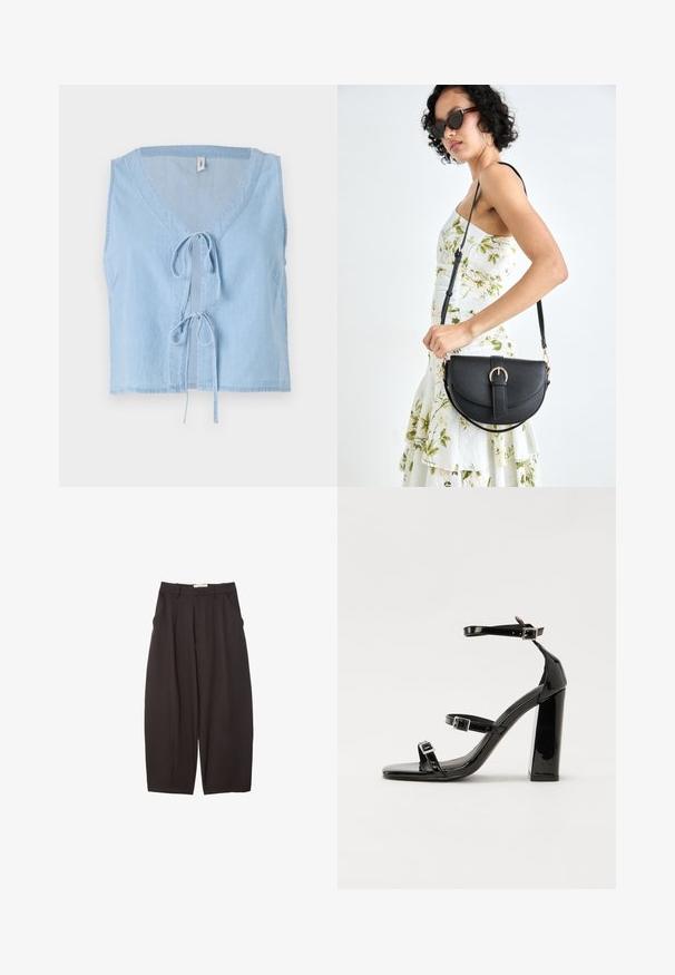 Svijetloplavi traper prsluk s V-izrezom, bez rukava i prednjim vezanjem. Ima bočne džepove i kroj koji se završava iznad struka.; Crne široke hlače napravljene od glatke tkanine, s visokim strukom, prednjim nabranjima i bočnim džepovima. Jednostavan dizajn bez ukrasa.; Crne lakirane sandale na visoku petu s dva remena s kopčama, kvadratnim vrhom i masivnom blok petom, s glatkom, sjajnom teksturom.; Crna kožna torba s lukovitim oblikom, odvojivim remenom i zlatnim detaljima. Torba ima preklop s kopčom.