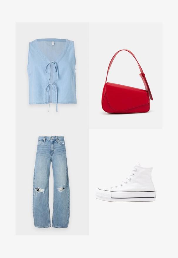 Lys blå denim vest med V-hals, ermeløs design og frontbåndslukking. Har sidelommer og en cropped hem.; Lyseblå høytlivsjeans laget av denim. Har vide bein, to revne knær og klassisk fem-lommers design.; Hvit høy-skinn kanvas sneakers med svart gummisåle, gummitåhette foran og seks hull for snorer, med et rent, minimalistisk design.; Rød lærveske med en vinklet, geometrisk design. Har en enkelt justerbar stropp og en klaffelukking med sydd detaljer.