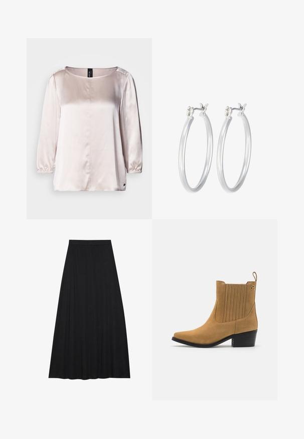 Satin blouse in light pink with a round neckline, three-quarter sleeves, gathered cuffs, and a center seam detail. Small logo at the hem.; Black maxi skirt made of soft, flowing fabric. It features an elastic waist and a full, A-line silhouette with a smooth texture.; Tan suede ankle boot with a pointed toe, ribbed side panels, and a black block heel. Features a pull tab for easy wear.; Silver hoop earrings with a smooth, polished finish. Round shape and secure click-top closure. Lightweight design suitable for everyday wear.