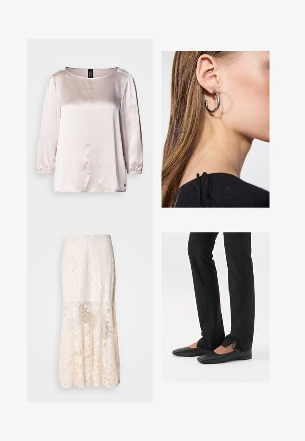 Blouse en satin rose clair avec un col rond, des manches trois-quarts, des poignets froncés et une couture centrale. Petit logo à l'ourlet.; Jupe midi en dentelle florale couleur crème ; elle présente un design superposé avec des sections transparentes, de la dentelle texturée, et un ourlet évasé.; Ballerines en cuir noire avec un bout pointu, sangle avec boucle en argent, associées à un pantalon noir sur mesure avec un ourlet fendu.; Boucle d'oreille en argent avec une finition polie, présentant de petits détails en or et de forme ronde, portée sur le lobe.