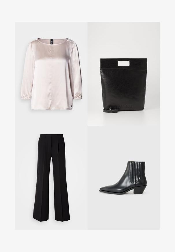 Saténová blúzka v svetloružovej farbe s okrúhlym výstrihom, trojštvrťovými rukávmi, zberanými manžetami a detailom so stredným švom. Malé logo na leme.; Čierne nohavice z hladkej tkaniny, s vysokým pásom, širokým strihom a dvoma prednými záhybmi pre zvýraznenie dizajnového detailu.; Čierna kožená členková topánka s špicatou špičkou, elastickými bočnými panelmi s vertikálnymi drážkami a nízkym blokovým podpätkom. Hladká textura a elegantný dizajn.; Čierna kožená taška cez rameno so štvorcovou rukoväťou, ktorá má textúrovaný povrch a embosované logo. Obsahuje odnímateľný popruh.