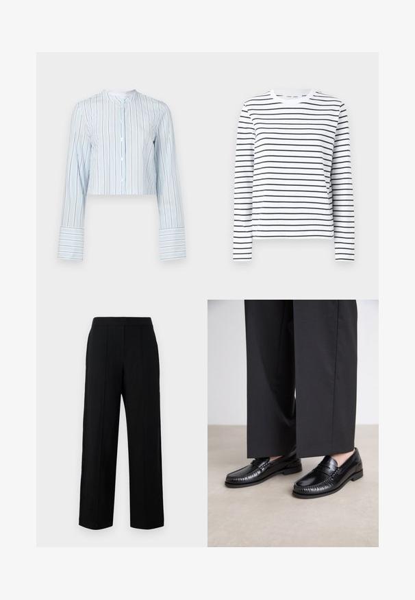 Korte langetermijn shirt in lichtblauw met verticale strepen. Heeft een ronde kraag en witte knopen langs de voorkant. Gestreepte manchet.; Langsleeve shirt in witte katoen met zwarte horizontale strepen. Heeft een ronde hals en een relaxte pasvorm. Geen opvallende accenten of patronen.; Zwarte wijde broek van gladde stof, met een platte voorkant, twee verticale naden en een eenvoudig ontwerpen tailleband.; Zwarte leren instappers met een gladde afwerking, gestikte details rond de teen en een lage rubberen zool. Gepaard met brede zwarte broeken.