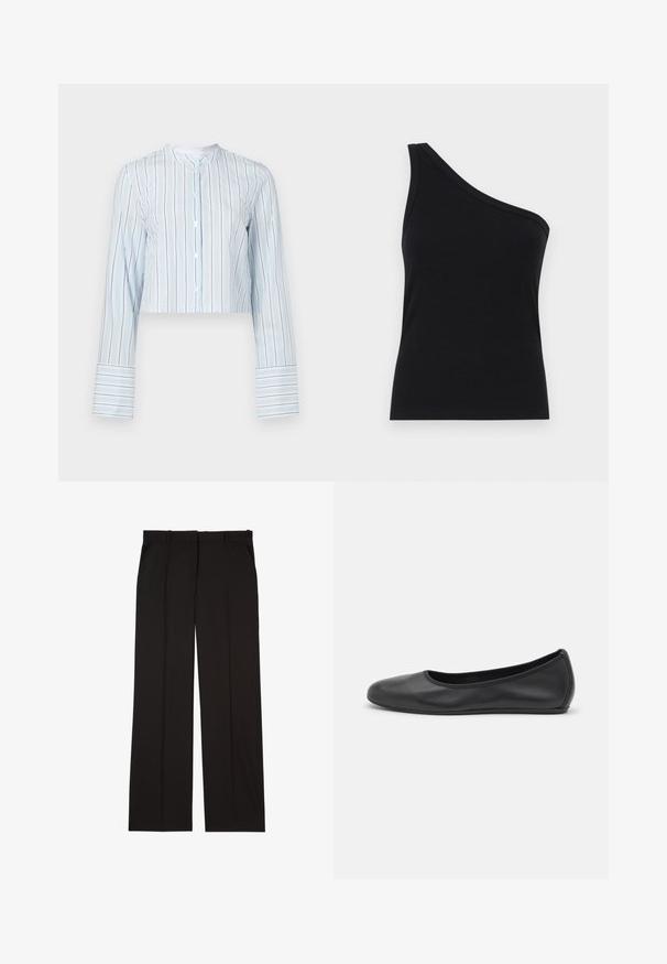 Gekürztes Langarmshirt in Hellblau mit vertikalen Streifen. Verfügt über einen Rundkragen und weiße Knöpfe entlang der Vorderseite. Gestreifte Manschetten.; Schwarzes, geripptes Tanktop mit einem Schulterdesign, tailliert und aus einem weichen Material gefertigt. Es hat einen klaren, minimalistischen Schnitt und einen glatten Halsausschnitt.; Schwarze, maßgeschneiderte Hosen aus einem glatten Stoff, mit geradem Bein und zwei Seitentaschen. Elegante und minimalistische Konstruktion.; Schwarze Leder-Ballettschuhe mit abgerundeter Spitze, glatter Textur, minimalen Nähdetails und einem flexiblen Sohlen-Design.