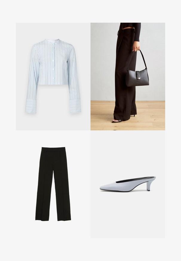 Beskaaret langærmet skjorte i lyseblå med lodrette striber. Har en rund krave og hvide knapper foran. Stribede manchetter.; Sorte brede bukser lavet af et glat stof, med en tætsiddende talje og subtile frontfolder for ekstra tekstur.; Lys blå patentlæder mule med spids tå, lav gennemsigtig hæl og et elegant design med udskæring ved vamps.; Sort håndtaske med struktureret form, glat overflade og metalspænde. Sammen med brede sorte bukser og sandaler med åben tå på trægulv.