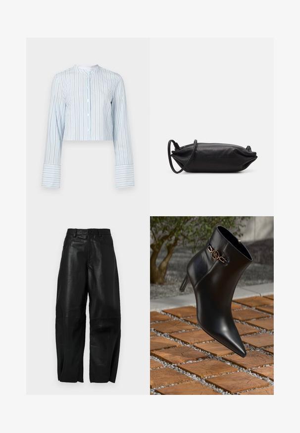 Šviesiai mėlyna trumpinta ilgomis rankovėmis palaidinė su vertikaliomis juostelėmis. Turi apvalų kaklą ir baltus mygtukus priekyje. Juostelės ant rankovių.; Juodos odinės kelnės su laisvu siluetu, tiesios kojos dizainu, priekinėmis kišenėmis ir matomais siuvimo detalėmis.; Juodas odinis kulkšninis botas su smailiu nosiu ir mažu kulnu. Pabrėžtas auksinės grandinėlės akcentas ant kulkšnies. Aplinkui – tekstūruotas akmeninis paviršius.; Juodas odinis vakarėlių krepšys, stačiakampio formos, lygiu paviršiumi, plonu peties dirželiu ir minimalistiniu dizainu.