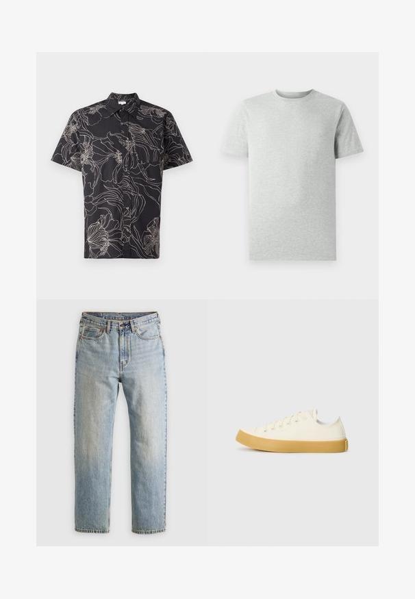 Rövid ujjú fekete ing fehér virágos körvonal mintával, gombos elejével és hagyományos gallérral. Könnyű anyagból készült.; Egyszerű világosszürke, rövidujjú, kerek nyakú póló, fehér háttéren, elölnézetből, látható logók vagy minták nélkül.; Világoskék farmernadrág magas derékkal, elülső gombbal, cipzárral és öt zsebbel, sima háttérre fektetve.; Krémszínű vászon sportcipő, kerek orral, bézs gumi talppal és öt fűzőlyukkal, a felső részen texturált felülettel.