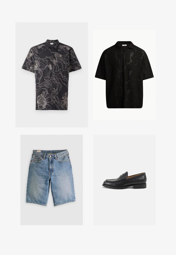 Juoda marškinėliai trumpomis rankovėmis su baltu gėlių kontūro raštu, turintys užsegamus priekinius mygtukus ir standartinį apykaklę. Pagaminta iš lengvos medžiagos.; Juodas trumpas rankovėmis polo marškinėliai su tekstūruota, abstrakčia raštų. Apykaklė plokščia ir šiek tiek atvira, pabrėžianti atsipalaidavusį dizainą.; Šviesiai mėlyni džinsiniai šortai klasikiniu siluetu. Turi penkis kišenes, oranžinės siūlės akcentus ir netvarkingus kraštus.; Juodi odiniai loafersai su lygiu paviršiumi, apvaliu pirštu ir dekoratyvine siūlė viršuje. Žemas sustiprintas kulnas ir lengvas blizgesys.