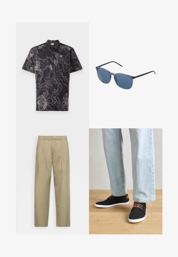 Rövid ujjú fekete ing fehér virágos körvonal mintával, gombos elejével és hagyományos gallérral. Könnyű anyagból készült.; Beige, magas derékú, egyenes szabású nadrág, lapos elejével, oldalsó zsebeivel és sima, textúrált anyagával.; Fekete vászon sportcipők barna részletekkel, fehér gumitalppal és barna fűzővel, világoskék egyenes szabású farmernadrággal párosítva. Fa padló háttér.; Kék, téglalap alakú napszemüveg szürke árnyalatú lencsékkel, műanyag kerettel, fémből készült kiegészítőkkel és matt felülettel a szárakon.