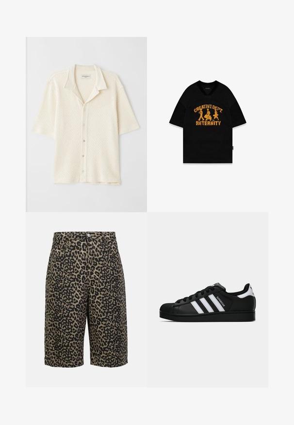 Kreminės spalvos trumpomis rankovėmis priekyje su apykakle, tekstūruotas audinys su deimantų raštais, penkių sagų užsegimas ir laisvas siluetas.; Juodas trumpa rankovė marškinėliai su užrašu "KŪRYBINIS DEPARTAMENTAS RETERNITY" nusidėvėjusios geltonos spalvos tekstu ir trims figūroms, sukurtas su tinklinio tekstūra.; Lauko rašto džinsiniai šortai žemiškų tonų, su sagčių uždarymu, penkiais kišenėmis ir laisvu siluetu.; Juodos „Adidas Superstar“ sportbačiai su baltais dryžiais, šonine kriaukle ir „Superstar“ tekstu šone, rodomi šoniniame profilyje ant balto fono.