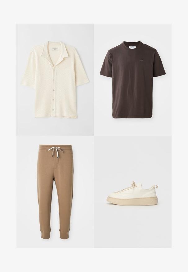 Camicia a maniche corte con colletto in crema, tessuto testurizzato con motivi a diamante, chiusura con cinque bottoni e vestibilità rilassata.; T-shirt in cotone marrone con colletto rotondo a coste. Presenta un piccolo logo bianco sul lato sinistro del petto. Maniche corte e orlo dritto.; Pantaloni jogger marrone chiaro con vita elasticizzata, cordini bianchi e marroni, tasche laterali e caviglie a costina su sfondo bianco.; Sneakers in pelle bianca con dettagli beige, caratterizzati da una punta arrotondata, lacci piatti, una suola spessa e una finitura cucita attorno alla base.