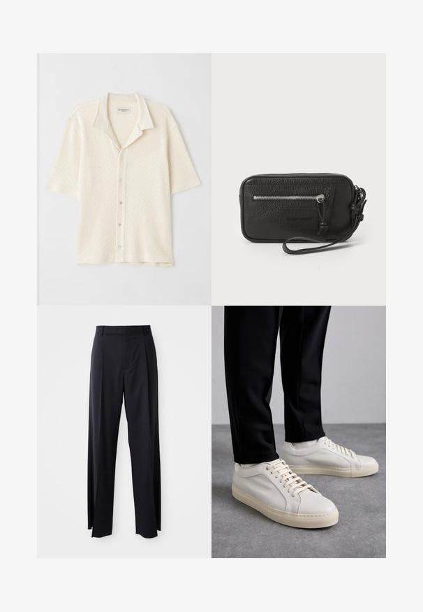 Camicia a maniche corte con colletto in crema, tessuto testurizzato con motivi a diamante, chiusura con cinque bottoni e vestibilità rilassata.; Pantaloni neri a vita alta con gamba larga, realizzati in tessuto liscio. Presentano pieghe frontali e passanti per cintura. Design minimalista, senza hardware visibile.; Sneaker in pelle beige chiaro con lacci piatti, superficie texturizzata e suola in gomma di colore crema in contrasto, abbinati a pantaloni neri a sigaretta.; Clutch nera in pelle con superficie testurizzata, tasca frontale con zip e tracolla rimovibile. Presenta una patch con logo sul davanti. Forma rettangolare.