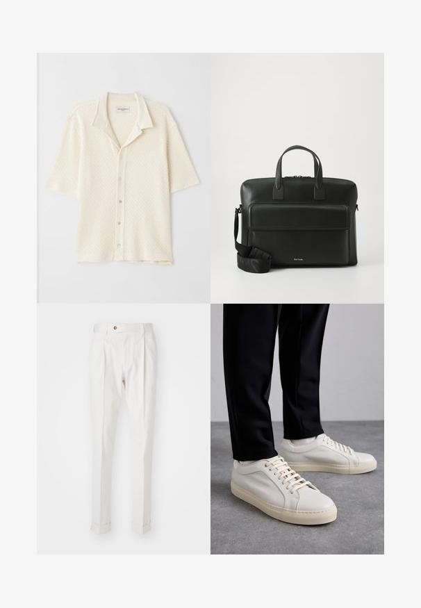 Kratka majica s ovratnikom, kratkih rukava, u krem boji, s teksturiranom tkaninom i dijamantnim uzorkom, s pet dugmadi i opuštenim krojem.; Bijele, krojene hlače s ravnim prednjim dijelom, dva nabora i prevrnutim manžetama. Izrađene su od glatkog materijala s gumbom za zatvaranje u struku.; Svijetlosmeđi kožni tenisice s ravnim vezicama, teksturiranom površinom i kontrastnom kremasto bijelom gumom potplatom, uparene s crnim suženim hlačama.; Crna kožna aktovka s dvije gornje drške, prednjim džepom i sklopivim remenom, s suptilnim brandingom na dnu.