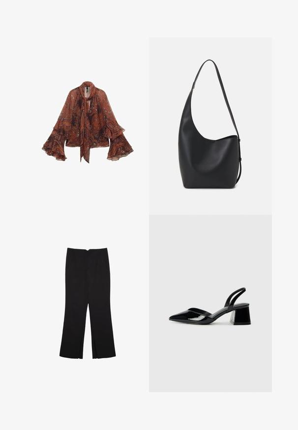 Braune Paisley-Bluse mit langen Glockenärmeln und einem Bindekragen. Hergestellt aus leichtem Stoff, mit floralen und abstrakten Mustern.; Schwarze Hose mit geradem Schnitt, ausgestattet mit Fronttaschen und Seitenschlitzen am Saum. Hergestellt aus weichem, glattem Stoff. Geeignet für verschiedene Anlässe.; Schwarze Lackleder-Slingback-High Heels mit spitzem Schuh und einem geometrischen Blockabsatz. Verfügt über ein schlankes, minimalistisches Design und eine glatte Textur.; Schwarze Leder-Hobo-Tasche mit einer glatten Textur, geschwungener Form und einem einzelnen verstellbaren Tragegurt; verfügt über eine weite Öffnung am oberen Ende.