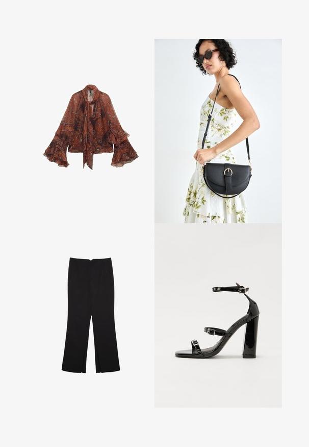 Ruskea paisley-paita, jossa on pitkät kellotaskuhihat ja solmittava kaula. Valmistettu kevyestä kankaasta, jossa on kukka- ja abstrakteja kuvioita.; Mustat housut suoralinjaisella leikkauksella, joissa on etutaskut ja sivurei'ät helman alla. Valmistettu pehmeästä ja sileästä kankaasta. Sopii eri tilaisuuksiin.; Musta kiiltävä korkokenkä sandaalit neliönmuotoisella varpaalla, nilkkaremmillä ja hopeisilla soljilla. Varustettu tukevalla lohkokorkealla vakauden takaamiseksi.; Musta nahkainen käsilaukku, joka on kaareva muotoilultaan, irrotettavalla hihnalla ja kultaisilla yksityiskohdilla. Laukussa on läppä, jossa on solk yksityiskohta.