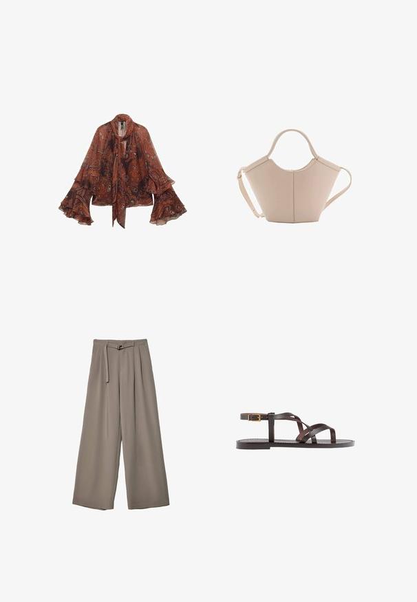 Hnedá blúzka s paisley vzorom, dlhými zvonovými rukávmi a viazaním na krku. Vyrobená z ľahkého materiálu, s kvetinovými a abstraktnými vzormi.; Široké nohavice v jemnej, tlmenej šedej tkanine, s opaskom v pase a vreckami pre dodatočný dizajnový detail. Hladký povrch, bez vzorov.; Hnedé kožené sandály s krížovými popruhmi, uzatváraním na pracku okolo členku a plochou podrážkou s minimálnymi ševmi.; Béžová kožená kabelka s unikátnym tvarom, vybavená dvoma krátkymi uchami a jedným dlhým nastaviteľným popruhom. Hladký povrch s minimálnym kovovým príslušenstvom.