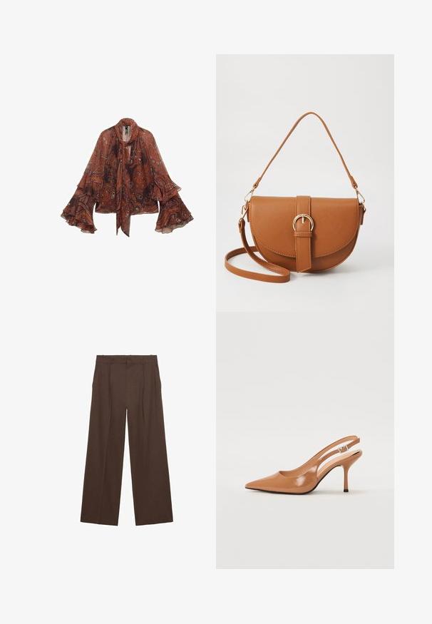 Rjava bluzica s paisley vzorcem, dolgimi zvonastimi rokavi in trakom za vrat. Narejena iz lahkotnega blaga, ki vključuje cvetlične in abstraktne vzorce.; Rjave široke hlače iz gladkega materiala, ki imajo visok pas, sprednje gube in dve stranski žepi.; Slinčaste pete z ostro konico v gladkem, sijočem bež materialu. Imajo ukrivljen rez in vitko stiletto peto. Podrobnost s srebrno zaponko.; Rjava usnjena torbica prek telesa s ukrivljeno obliko, zlate opreme in sponko. Ima odstranljiv naramni trak.