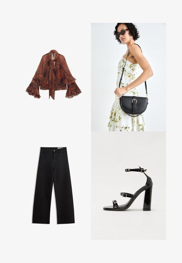 Braune Paisley-Bluse mit langen Glockenärmeln und einem Bindekragen. Hergestellt aus leichtem Stoff, mit floralen und abstrakten Mustern.; Schwarze weit geschnittene Jeans mit hoher Taille, ausgestattet mit Vorder- und Hintertaschen, gesteppten Nähten und einem Knopfverschluss. Glatte Textur.; Schwarze patentierte Sandalen mit Absatz, quadratischer Spitze, Knöchelriemen und silbernen Schnallen. Mit einem stabilen Blockabsatz für mehr Stabilität.; Schwarze Lederhandtasche mit geschwungener Form, abnehmbarem Tragegurt und goldenen Beschlägen. Die Tasche verfügt über einen Deckel mit einer Schnallen-Details.