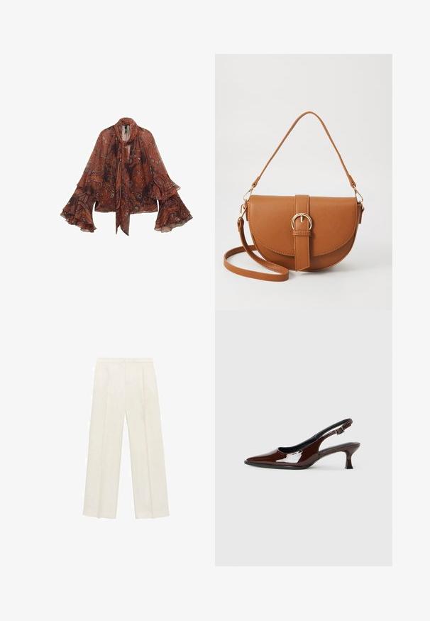 Bruine paisley blouse met lange klokmouwen en een striknek. Gemaakt van lichtgewicht stof, met bloem- en abstracte patronen.; Wijdgevallen broeken in een lichtcrème kleur. Gemaakt van een zachte stof met plooien aan de voorkant en zijzakken.; Bruine gepatineerde leren slingback-schoen met een spitse neus en een gematigd hakje. Voorzien van een gespsluiting voor een veilige pasvorm. Glad van textuur.; Bruine leren schoudertas met een gebogen vorm, gouden hardware en een gespaccent. Bevat een afneembare schouderriem.