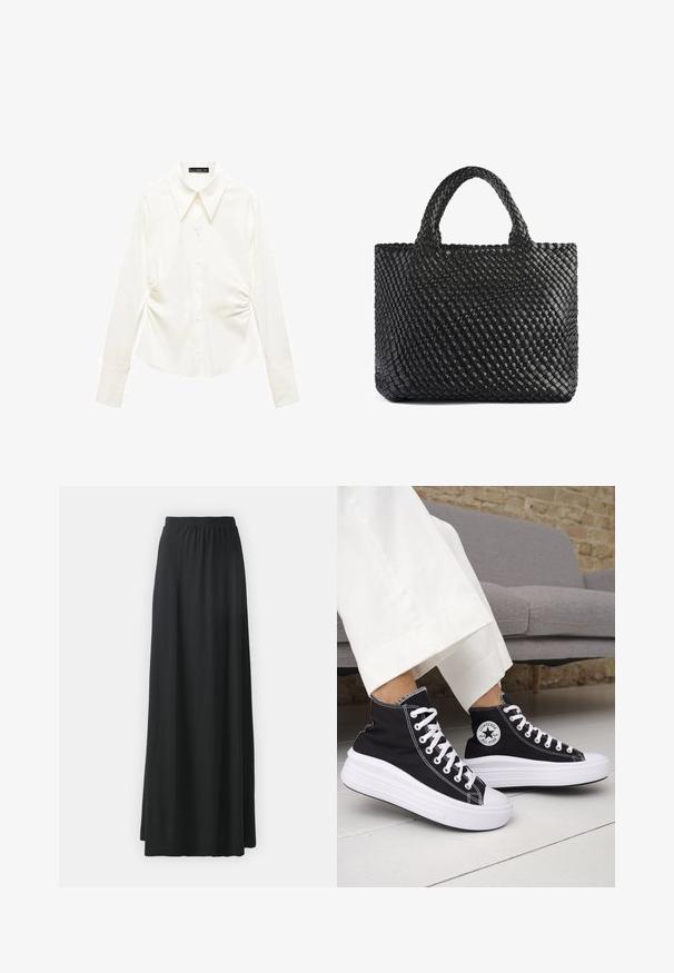 Weiße Bluse mit langen Ärmeln, klassischem Kragen, vorderem Knopfverschluss und gerafften Details an den Seiten. Glatte Stoffstruktur.; Schwarzer Maxirock aus weichem, dehnbarem Material mit einem elastischen Taillenbund, der eine fließende A-Linien-Silhouette aufweist.; Schwarze High-Top-Sneaker mit weißen Gummisohlen und Schnürsenkeln. Verfügt über ein rundes Logo-Patch und kontrastierende weiße Nähte. Aus Canvas-Material.; Schwarze geflochtene Tragetasche mit zwei Griffen, ausgestattet mit einer strukturierten Oberfläche und rechteckiger Form. Einfaches, einzigartiges Design ohne sichtbare Hardware.