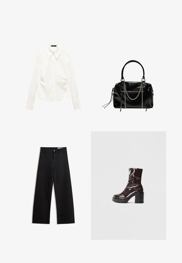 White blouse with long sleeves, a classic collar, front button closure, and gathered detailing at the sides. Smooth fabric texture.; Black wide-leg denim pants with a high waist, featuring front and back pockets, stitched seams, and a button closure. Smooth texture.; Glossy burgundy ankle boot with a chunky black heel, featuring a smooth texture and simple design. No visible fastenings or patterns.; Bershka WITH CHAIN - Handbag - black