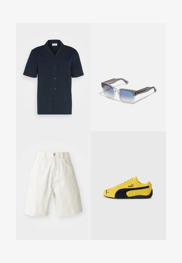 Polo majica s kratkimi rokavi v temno modri barvi z teksturirano tkanino, enojnim žepom na prsih, zapiranjem na gumbe in klasičnim ovratnikom.; Beli jeans kratke hlače z ohlapnim krojem, ki imajo pas, pet žepov in ravne hlačnice. Tkanina ima rahel teksturiran zaključek.; Rumene semišne teniske s črnimi semišnimi poudarki. Imajo teksturiran podplat, vezalni dizajn ter Puma logotip na strani in jezik.; Sive in klaro okvirji za sončna očala s kvadratno obliko, gradientnimi modrimi lečami in kovinskimi detajli na tempeljih. Lahka material.