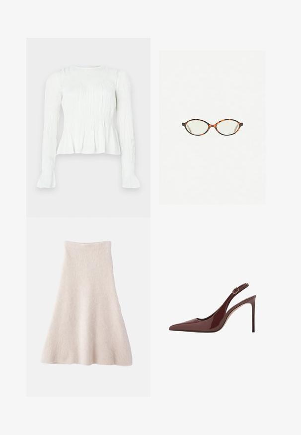 Blusa bianca a maniche lunghe con dettagli in tessuto raccolto, corpino arricciato e polsini svasati su uno sfondo neutro.; Una gonna A-line beige chiaro realizzata in un tessuto morbido e testurizzato, con una vita liscia e una silhouette fluida.; Sandal con tacco alto in pelle lucida marrone scuro, punta affusolata, con cinturino regolabile e sottile tacco a stiletto.; Occhiali in tartaruga con lenti ovali e una finitura liscia e elegante. Presentano aste sottili con una leggera curva alle tempie. Lenti trasparenti.