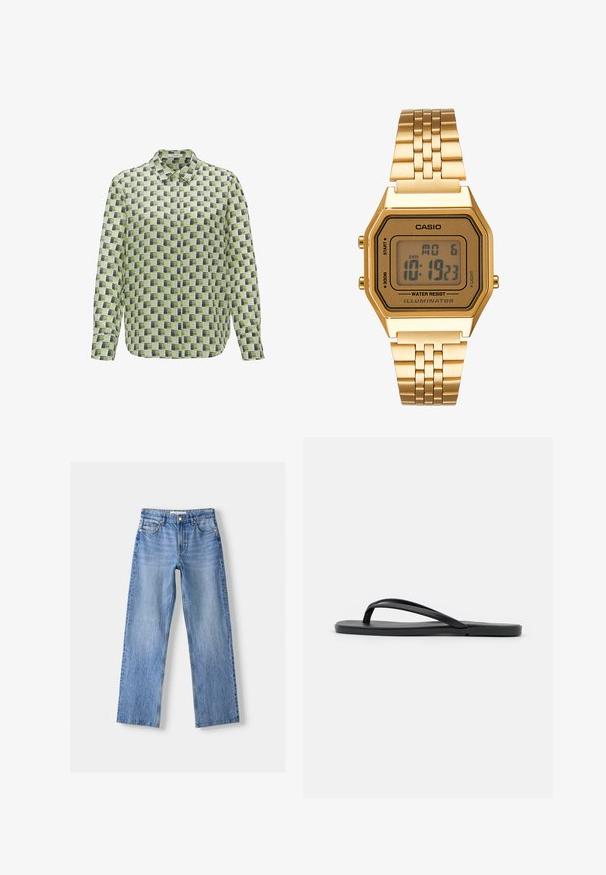 OPUS FALKINE FRESH - Button-down blouse - avocado; Light blue denim jeans with a straight leg design, featuring five pockets, a front button closure, and subtle fading for texture.; Black flip-flop featuring a minimalist design with a flat sole, narrow straps, and a smooth texture. No additional patterns or accents.; Gold digital watch with a rectangular face, LCD display, stainless steel band, and buttons on the side. Features a water-resistant label.